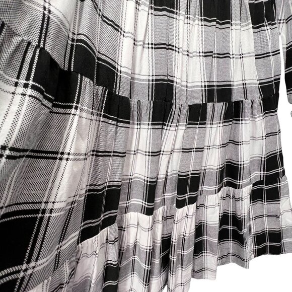 Maison Tara Plaid Tiered Dress Black White Lined Babydoll Back Zipper Short 4 - Picture 5 of 14